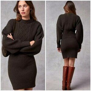 💕ROUJE💕 Simone Cable-Knit Wool Sweater Dress ~ Uni Marron Brown 36 EU NWT